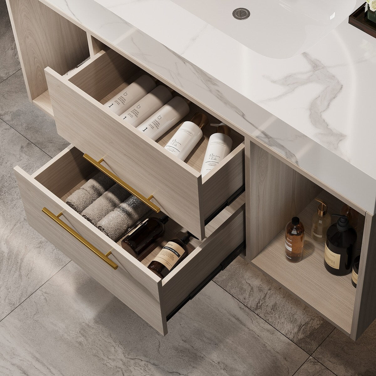 39.4 '' Floating Bathroom Vanity with Ceramic sink,Wall Hung Vanity 2 Soft Close Drawer and white slate top - 39'4 x 18'9