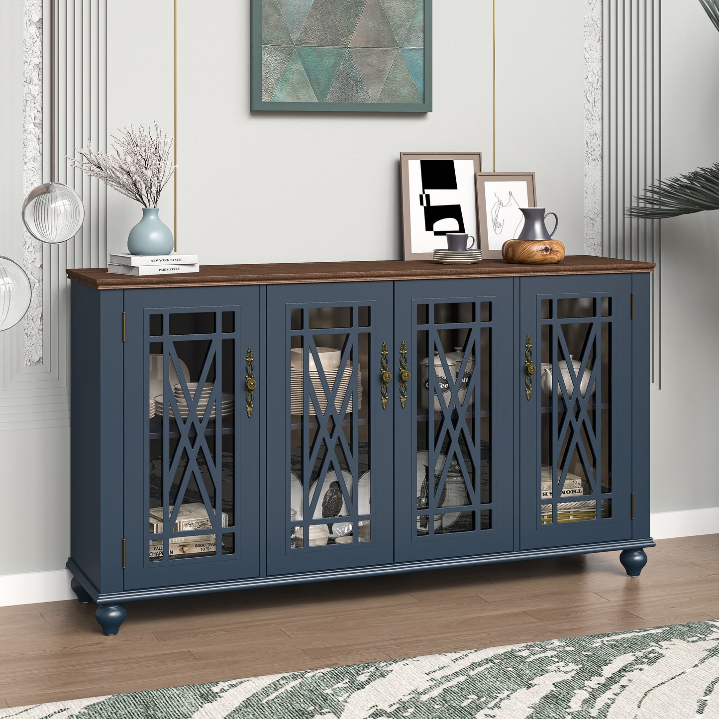 63 Vintage Style Wood Kitchen Accent Buffet Sideboard Cabinet - 63 in Width