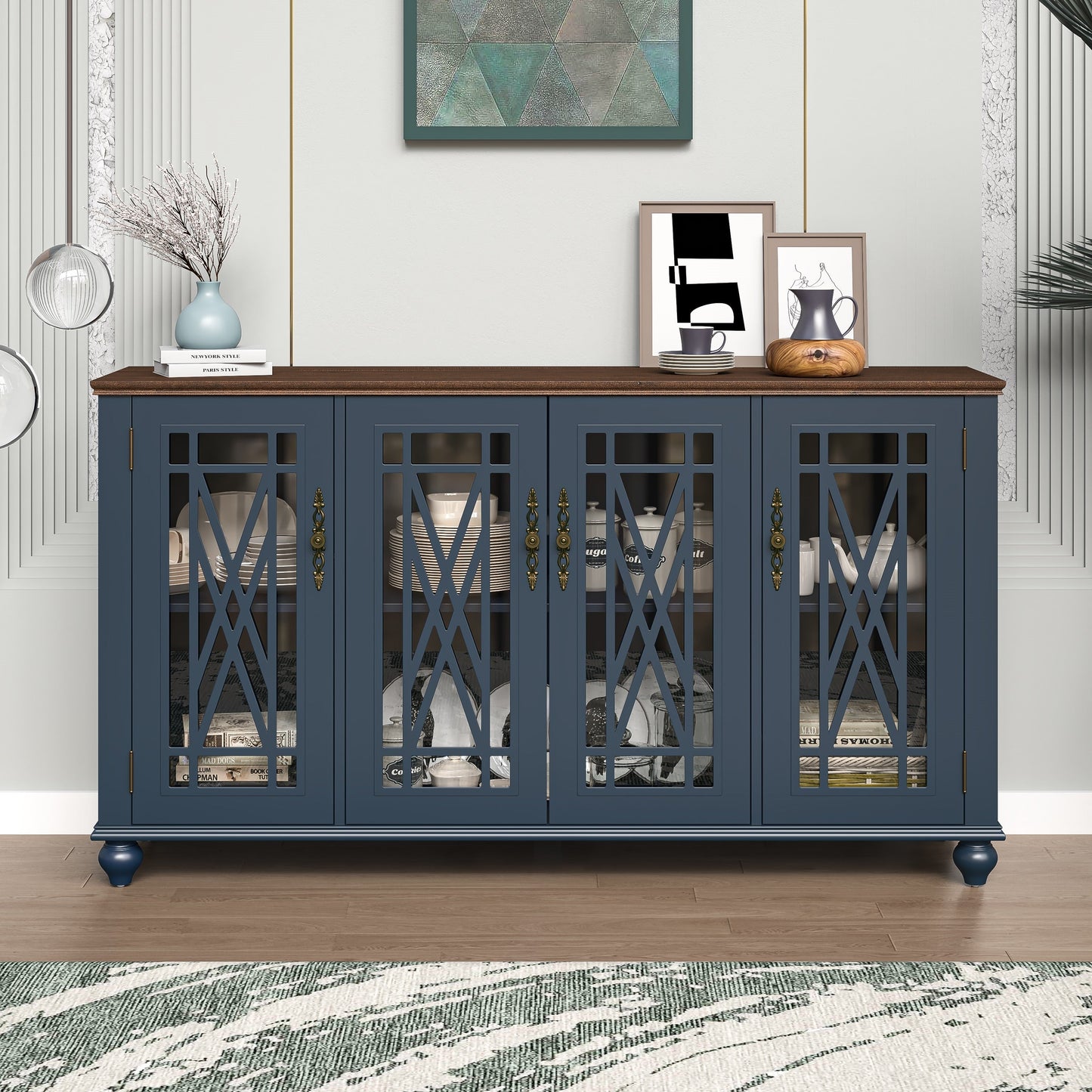 63 Vintage Style Wood Kitchen Accent Buffet Sideboard Cabinet - 63 in Width