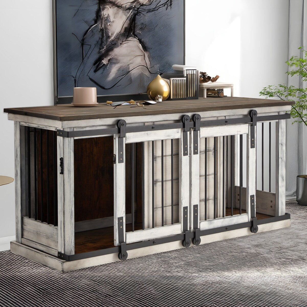 EROMMY Solid Wood Dog Crate Furniture, Indoor Dog Kennel with Sliding Door TV Cabinet, Chic Wooden Dog House, Stylish Dog Cage