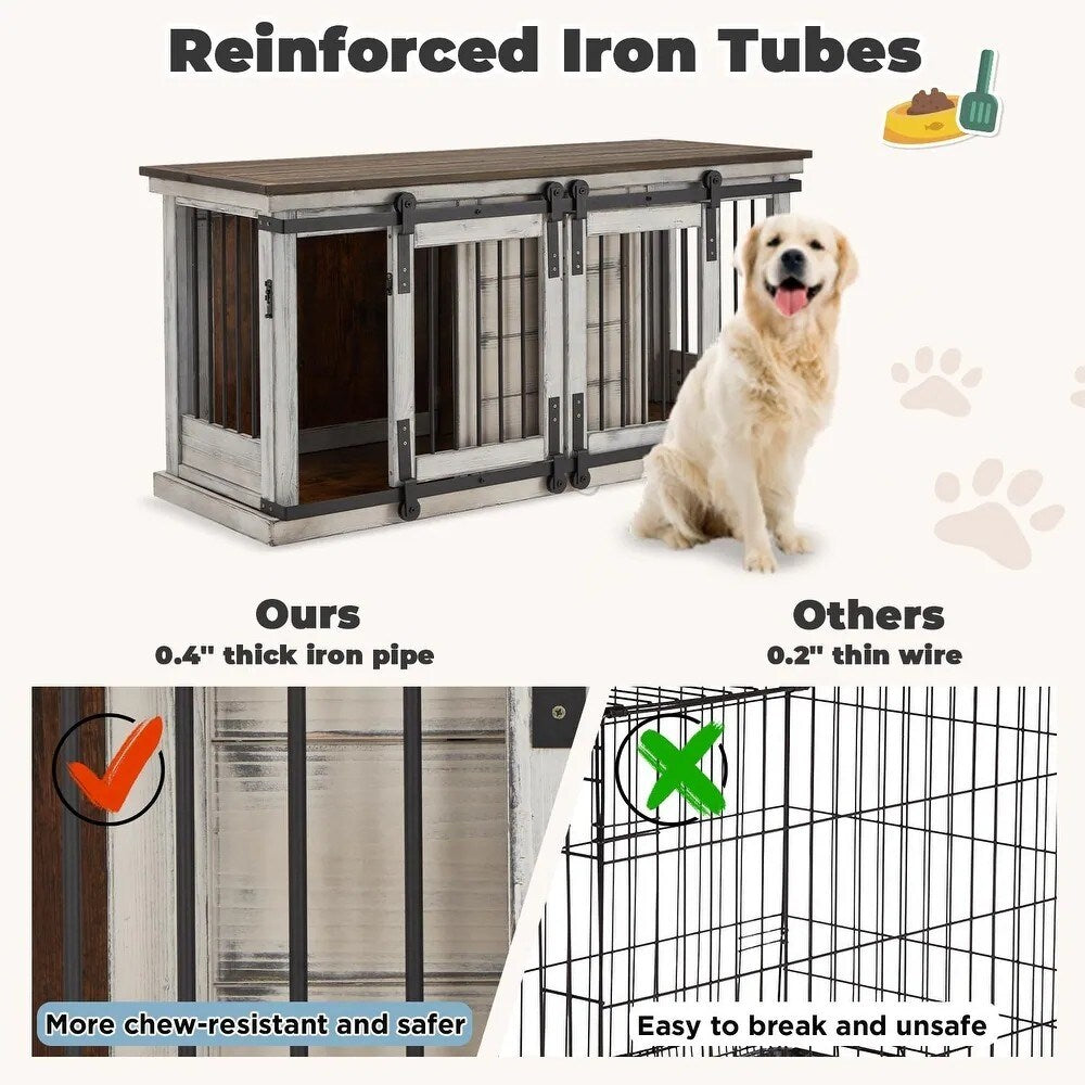 EROMMY Solid Wood Dog Crate Furniture, Indoor Dog Kennel with Sliding Door TV Cabinet, Chic Wooden Dog House, Stylish Dog Cage