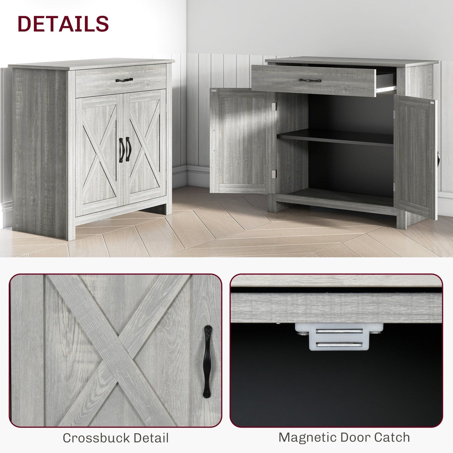 HOMCOM 32 Farmhouse Barn Door Style Sideboard Cabinet,Buffet Storage Cabinet Coffee Bar for Living Room or Entryway