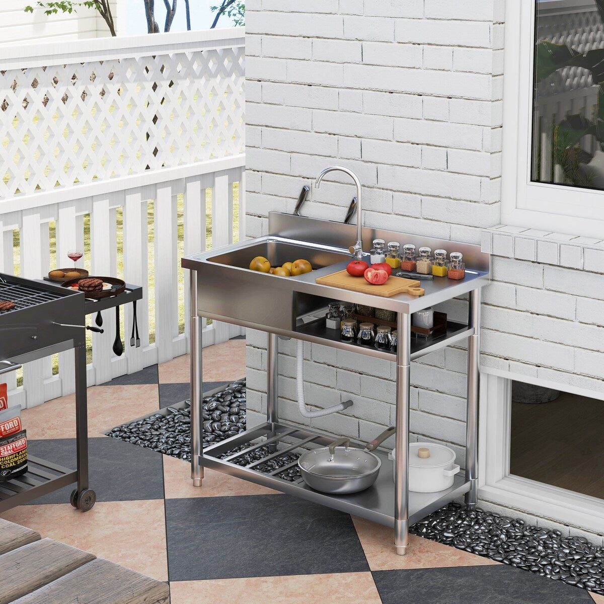 HOMCOM Outdoor Utility Sink, Deep Stainless Steel Sink, Free Standing Single Bowl Kitchen Sink, 39 Inch - 39 Inch