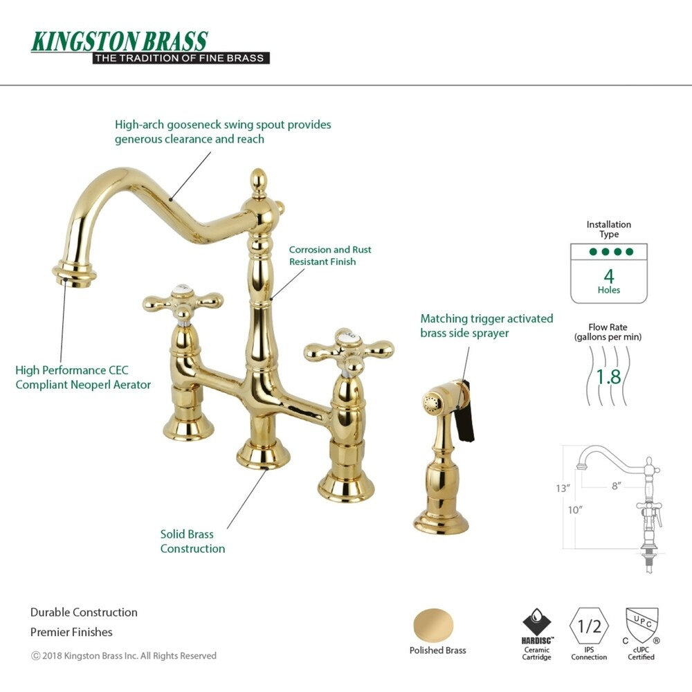 Robinet de cuisine Kingston Brass Heritage Bridge avec douchette en laiton