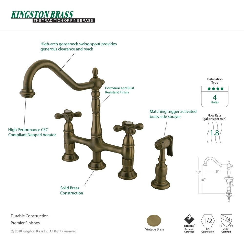 Robinet de cuisine Kingston Brass Heritage Bridge avec douchette en laiton