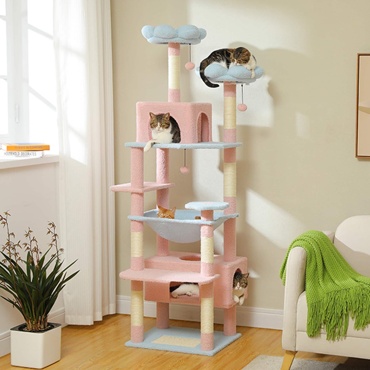 Grande tour pour chat avec griffoirs et coussins, 2 perchoirs rembourrés, double niche et panier