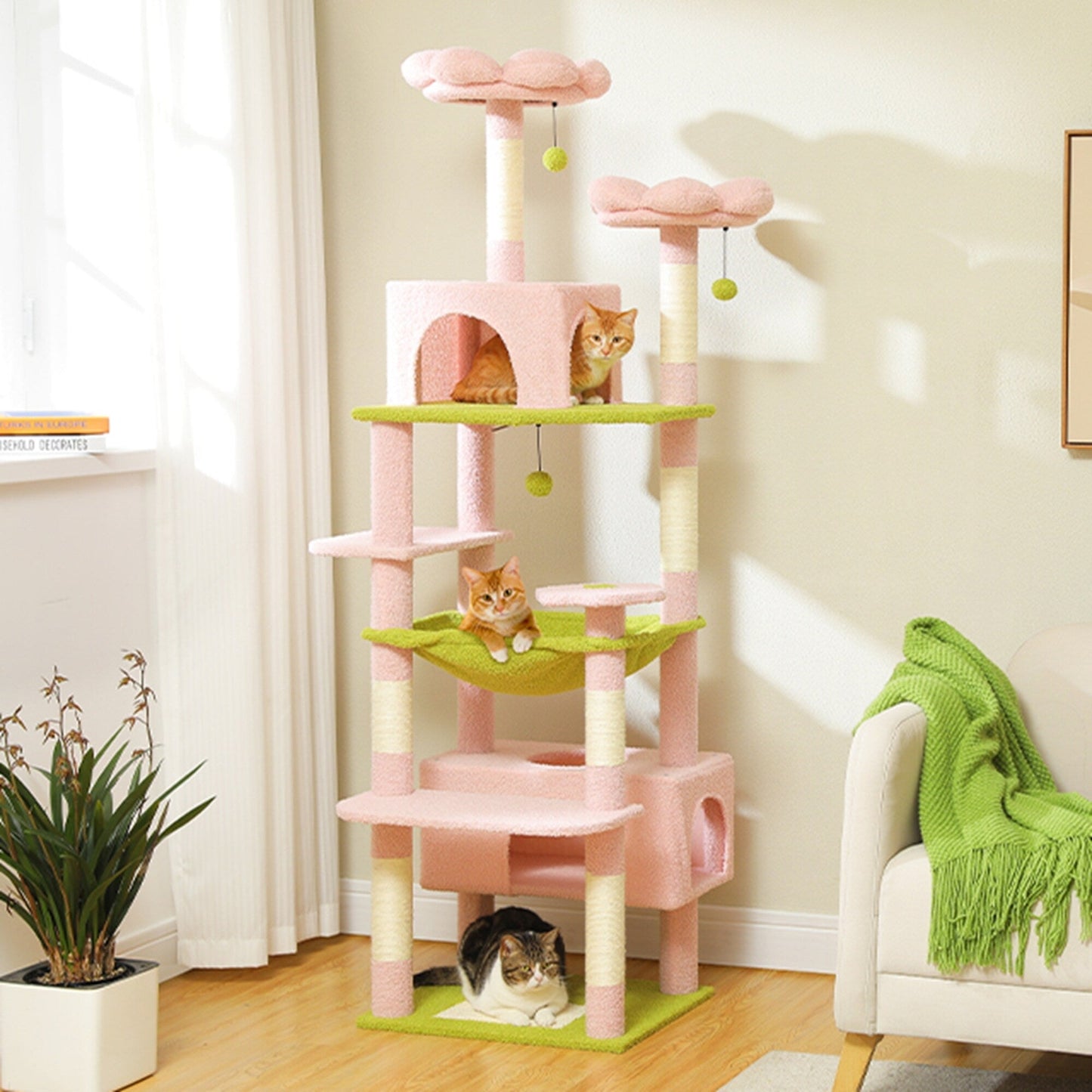 Grande tour pour chat avec griffoirs et coussins, 2 perchoirs rembourrés, double niche et panier