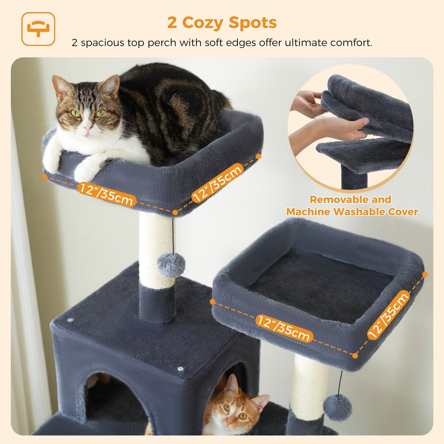 Grande tour pour chat avec griffoirs et coussins, 2 perchoirs rembourrés, double niche et panier
