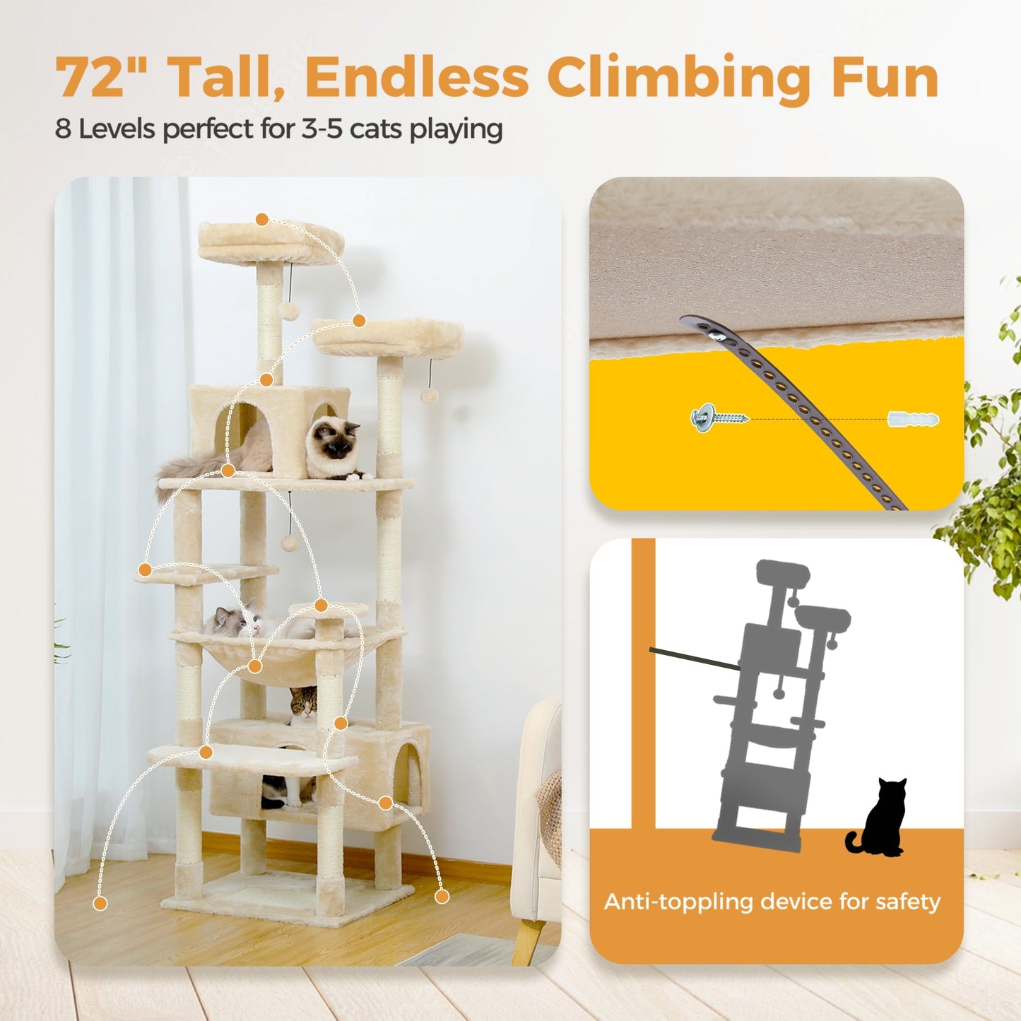 Grande tour pour chat avec griffoirs et coussins, 2 perchoirs rembourrés, double niche et panier