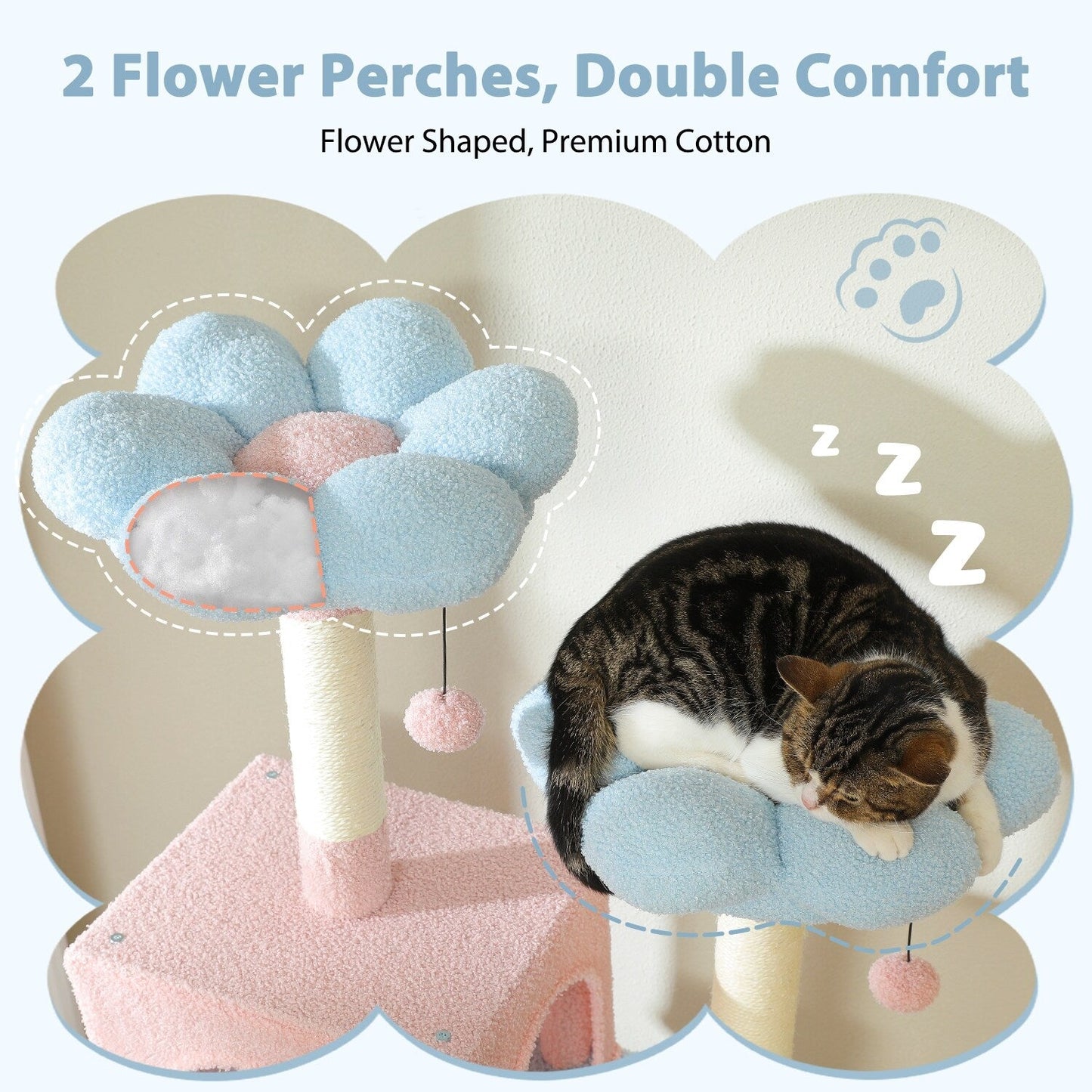 Grande tour pour chat avec griffoirs et coussins, 2 perchoirs rembourrés, double niche et panier