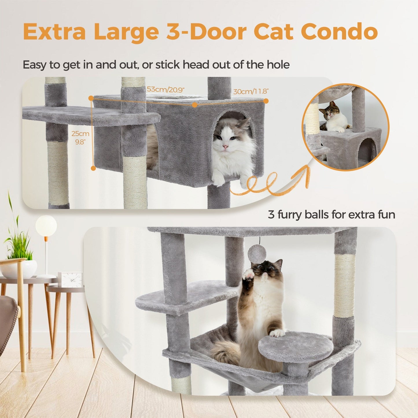 Grande tour pour chat avec griffoirs et coussins, 2 perchoirs rembourrés, double niche et panier