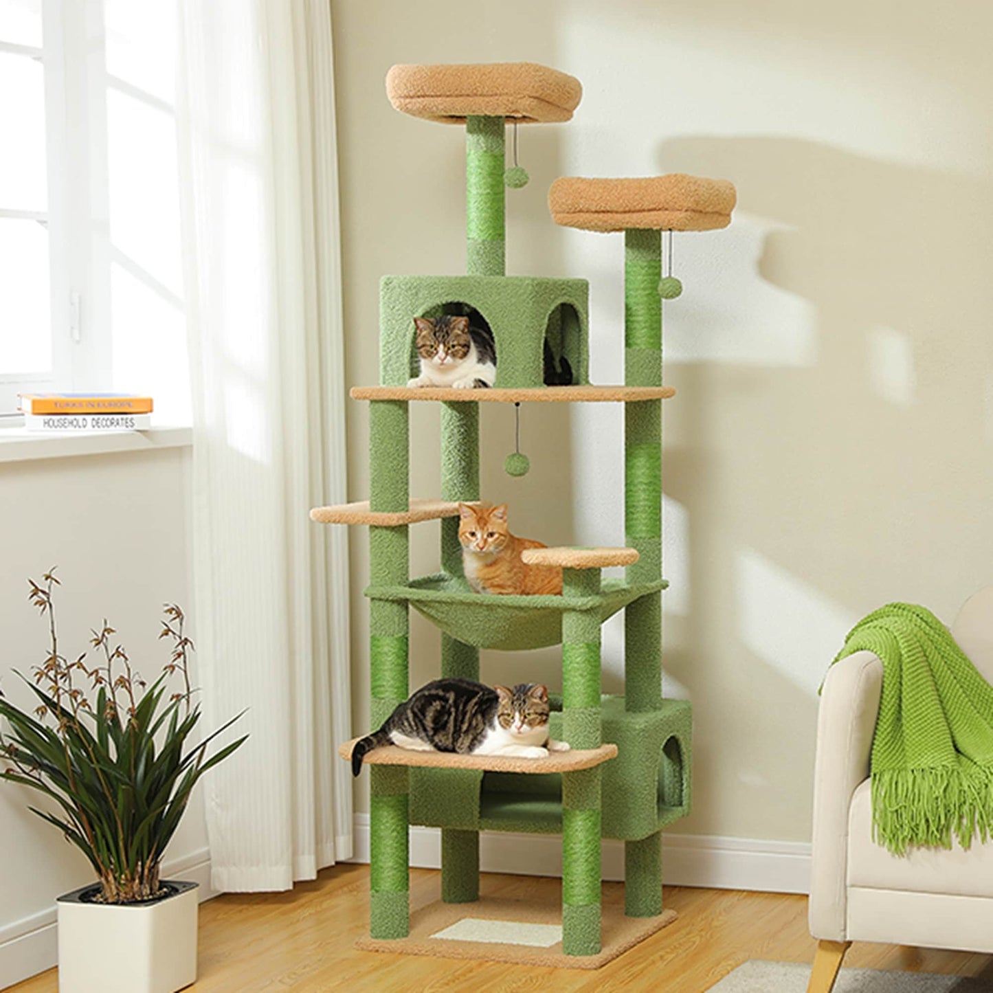 Grande tour pour chat avec griffoirs et coussins, 2 perchoirs rembourrés, double niche et panier