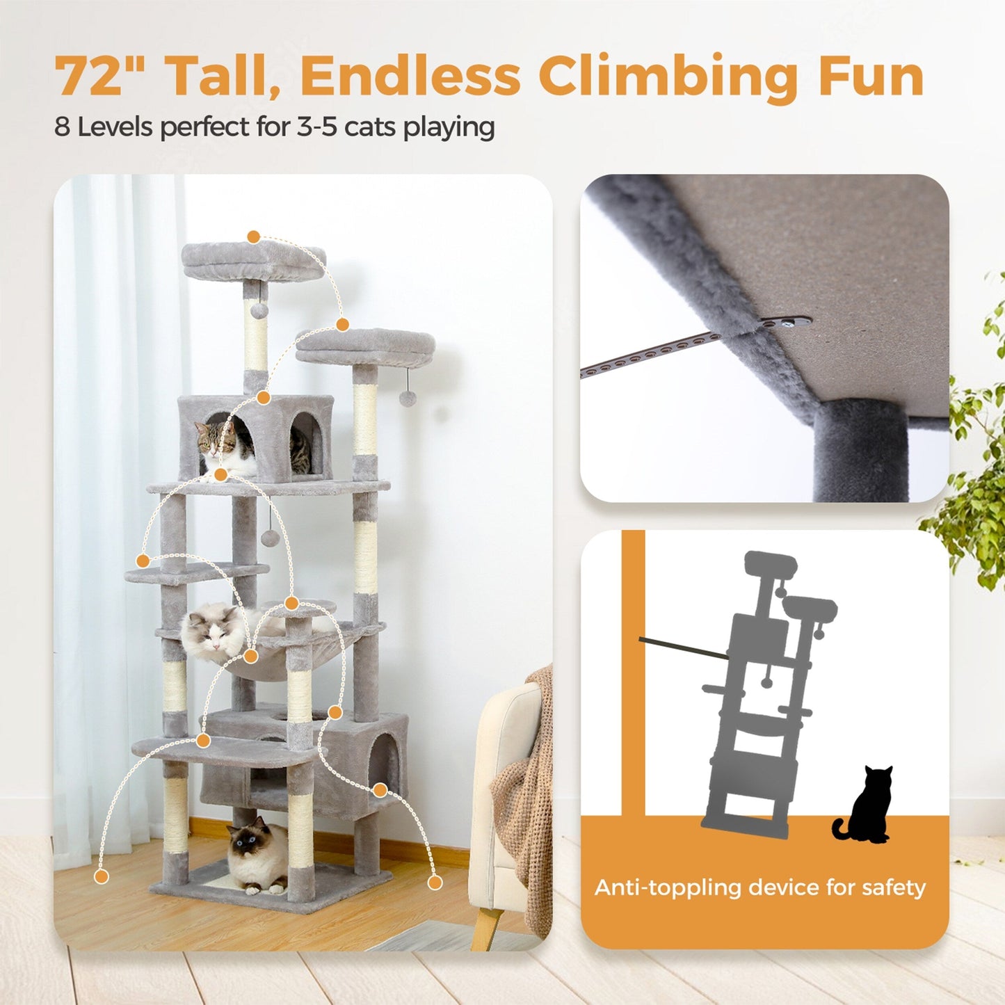 Grande tour pour chat avec griffoirs et coussins, 2 perchoirs rembourrés, double niche et panier