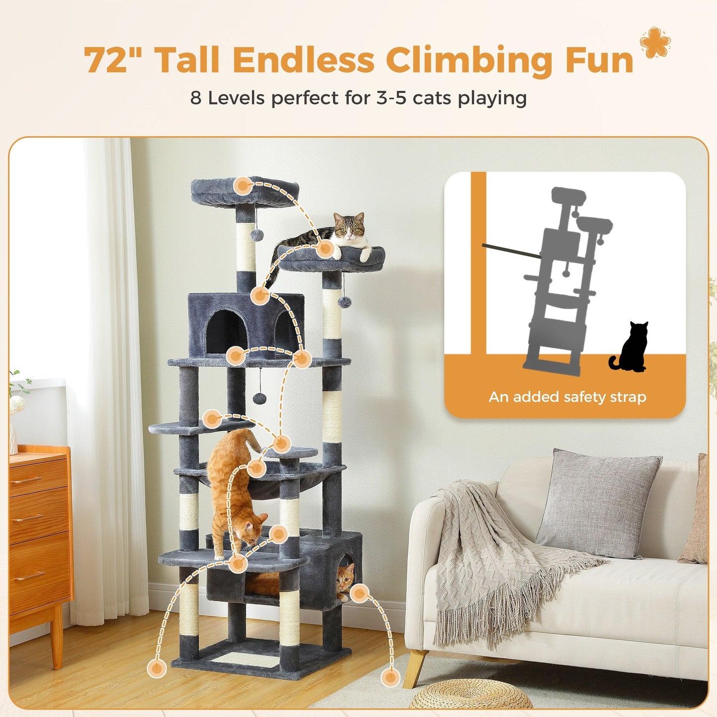 Grande tour pour chat avec griffoirs et coussins, 2 perchoirs rembourrés, double niche et panier