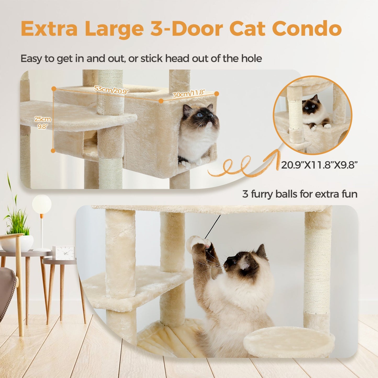 Grande tour pour chat avec griffoirs et coussins, 2 perchoirs rembourrés, double niche et panier