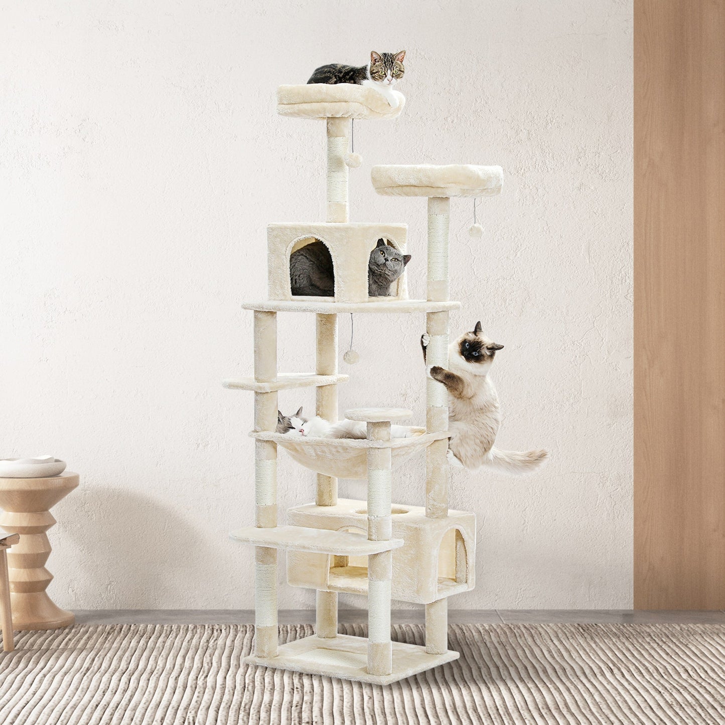 Grande tour pour chat avec griffoirs et coussins, 2 perchoirs rembourrés, double niche et panier