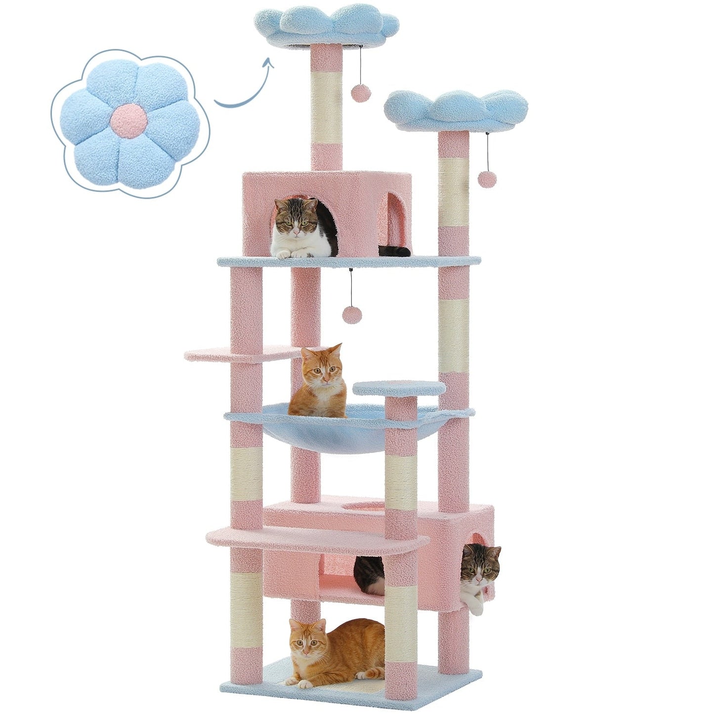 Grande tour pour chat avec griffoirs et coussins, 2 perchoirs rembourrés, double niche et panier