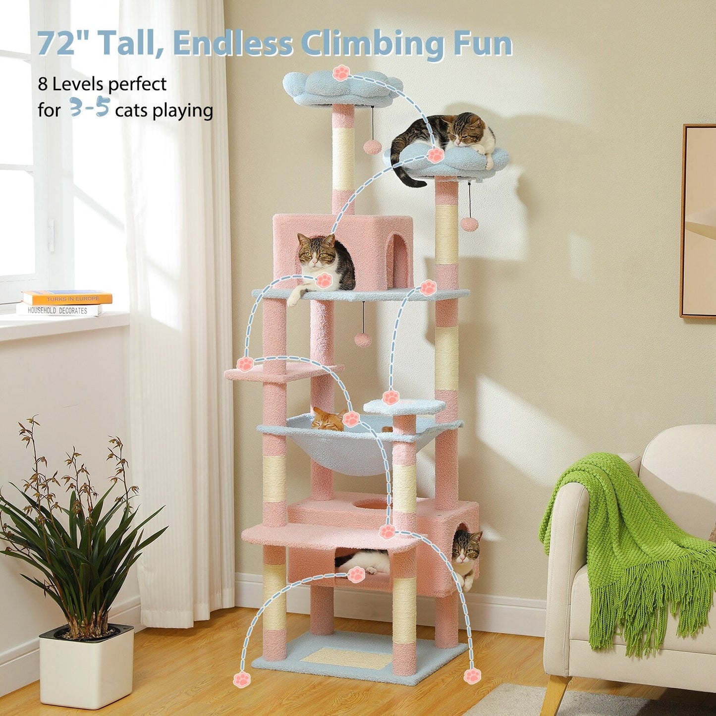 Grande tour pour chat avec griffoirs et coussins, 2 perchoirs rembourrés, double niche et panier