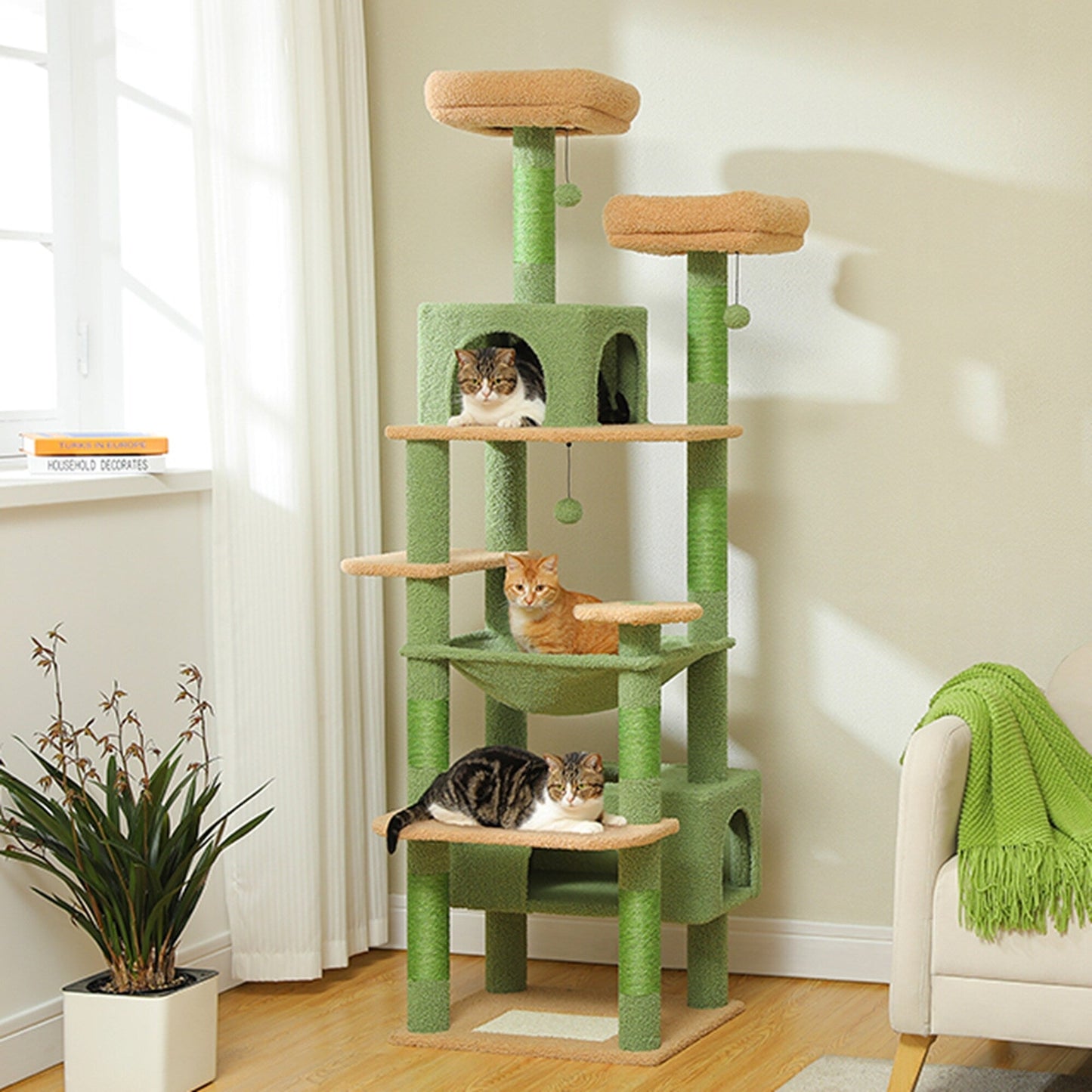 Grande tour pour chat avec griffoirs et coussins, 2 perchoirs rembourrés, double niche et panier