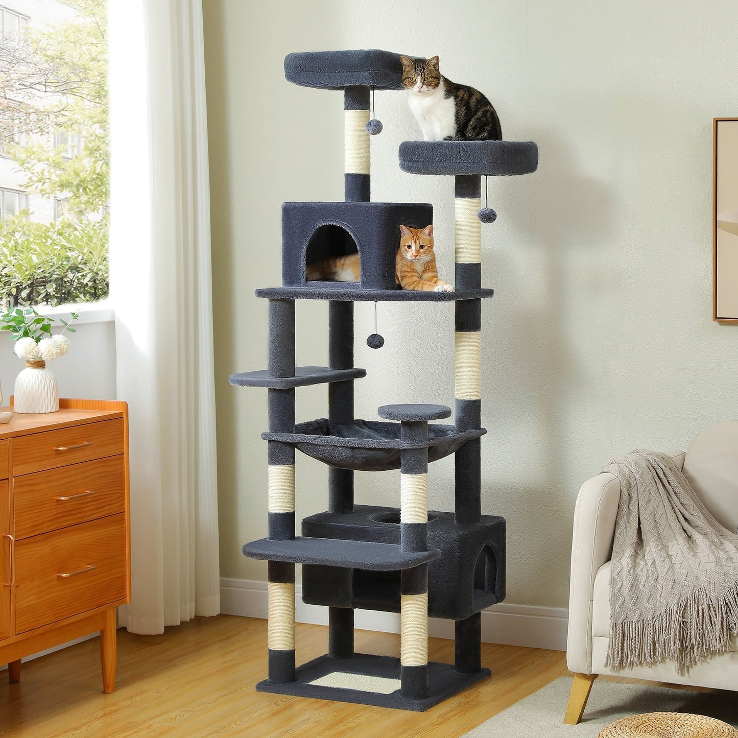Grande tour pour chat avec griffoirs et coussins, 2 perchoirs rembourrés, double niche et panier