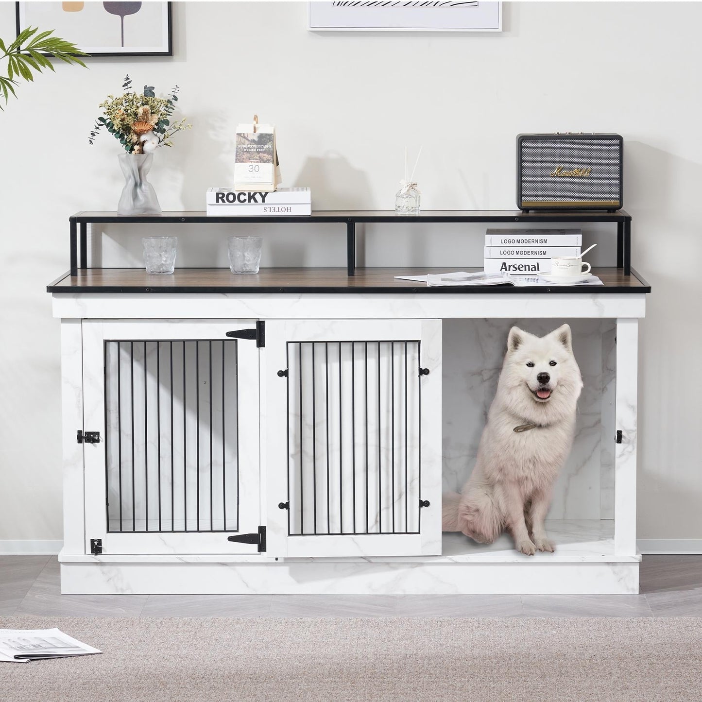 Meuble TV pour cage à chien Mcombo, grand format, niche en bois avec doubles portes, modèle 1861