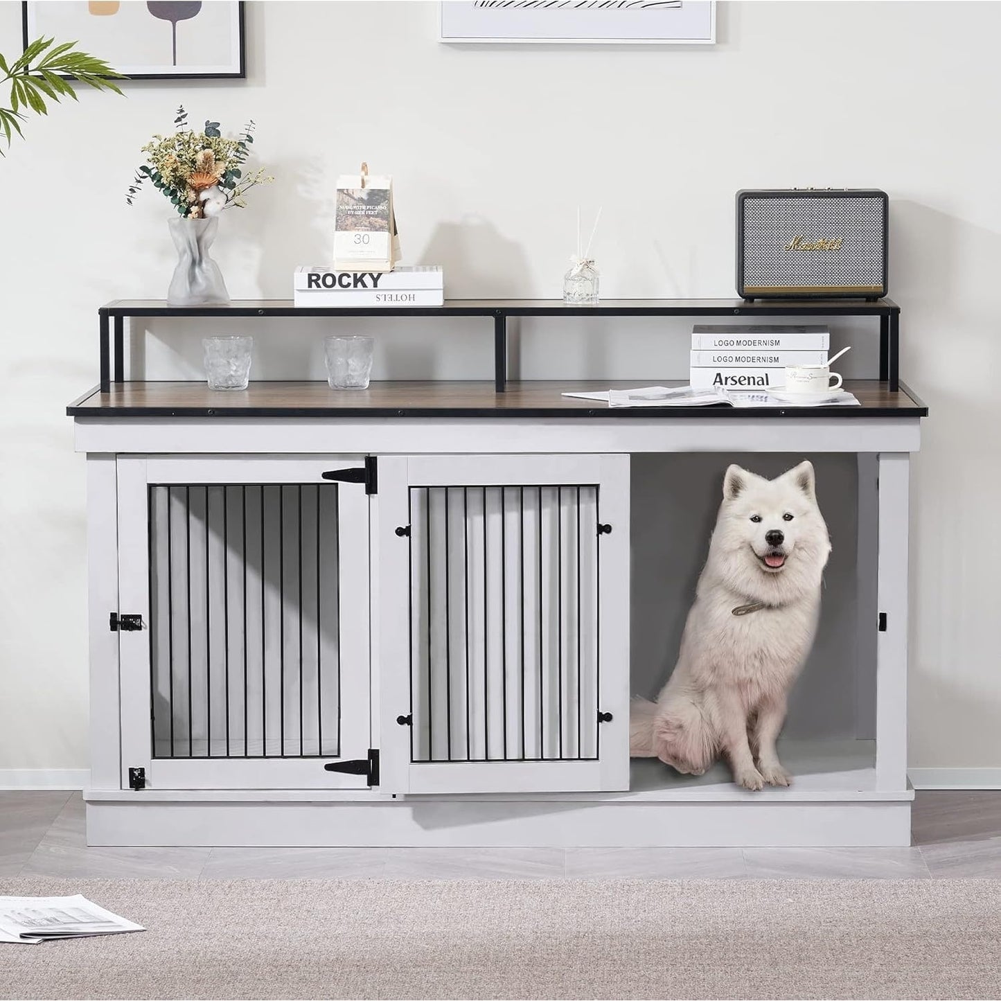 Meuble TV pour cage à chien Mcombo, grand format, niche en bois avec doubles portes, modèle 1861