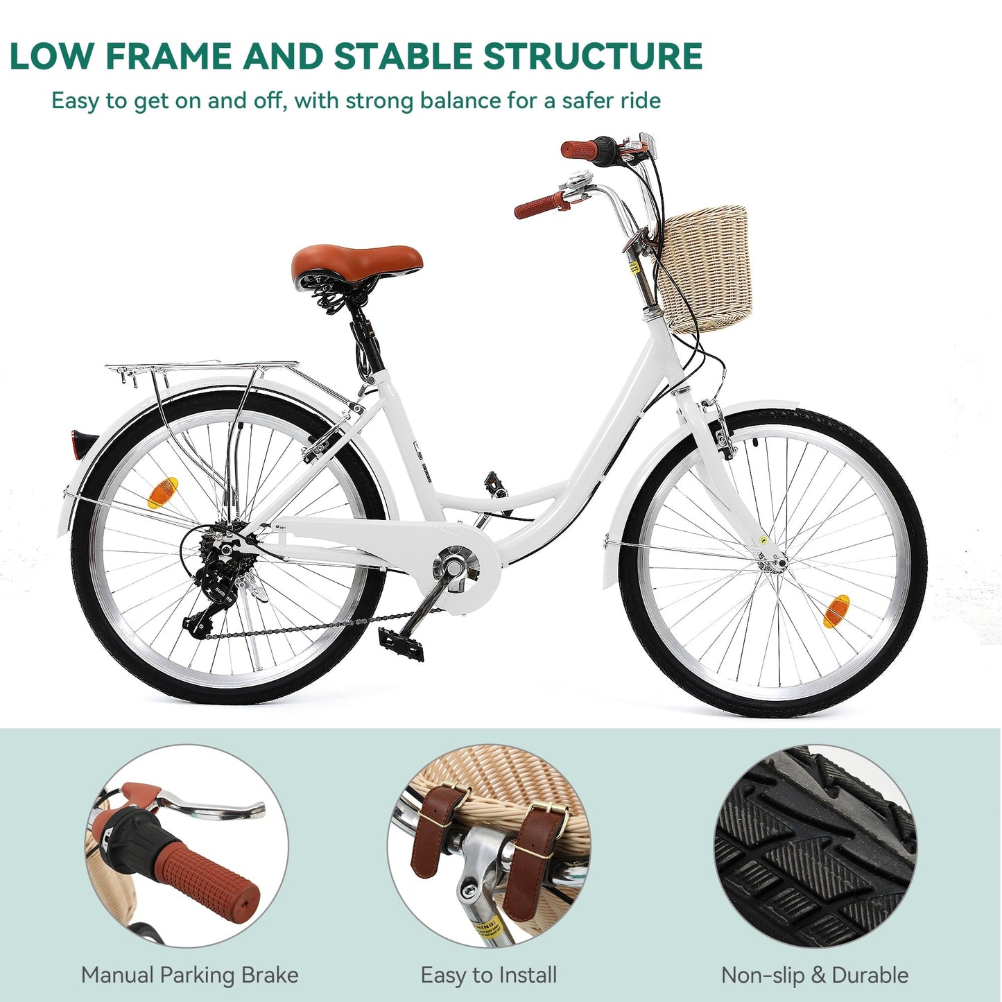 Vélo de croisière Moasis24/26 à 7 vitesses, vélo à cadre réglable, vélo de trajet