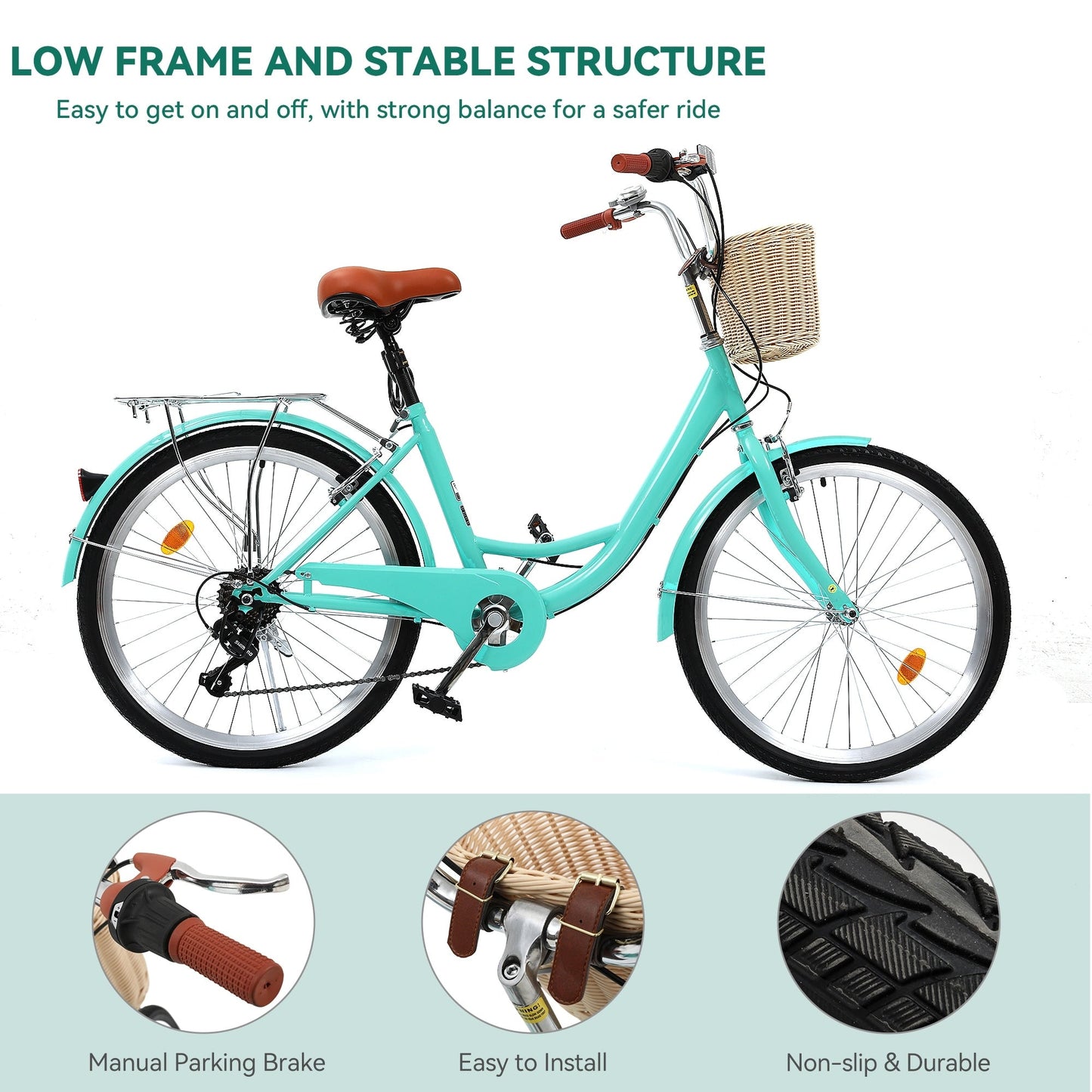 Vélo de croisière Moasis24/26 à 7 vitesses, vélo à cadre réglable, vélo de trajet