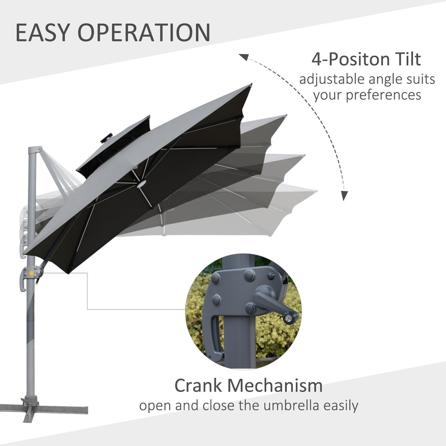 Parasol de terrasse solaire à LED Outsunny de 3 m, parasol suspendu décalé avec rotation à 360°, base croisée, 8 baleines, inclinaison et manivelle