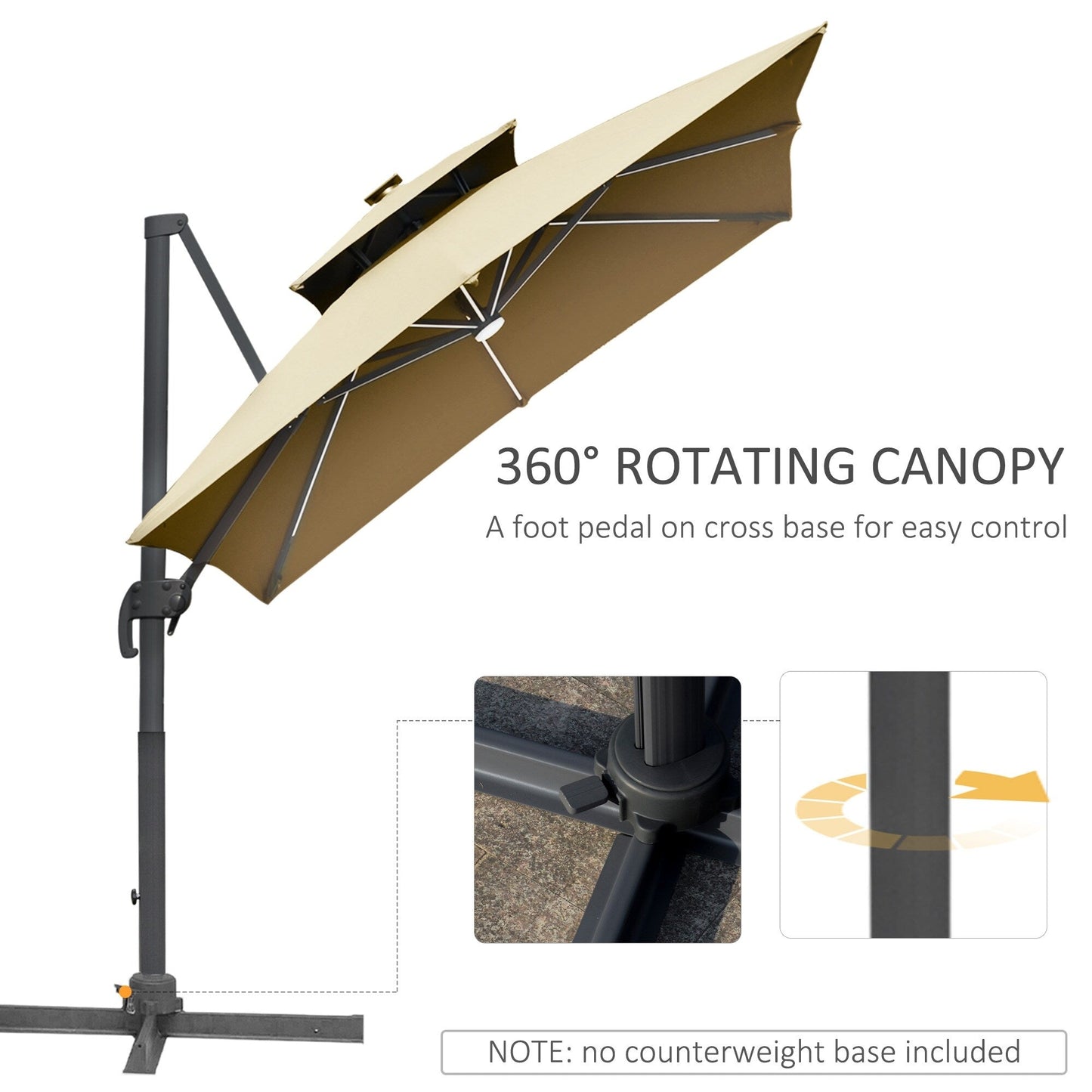 Parasol de terrasse solaire à LED Outsunny de 3 m, parasol suspendu décalé avec rotation à 360°, base croisée, 8 baleines, inclinaison et manivelle