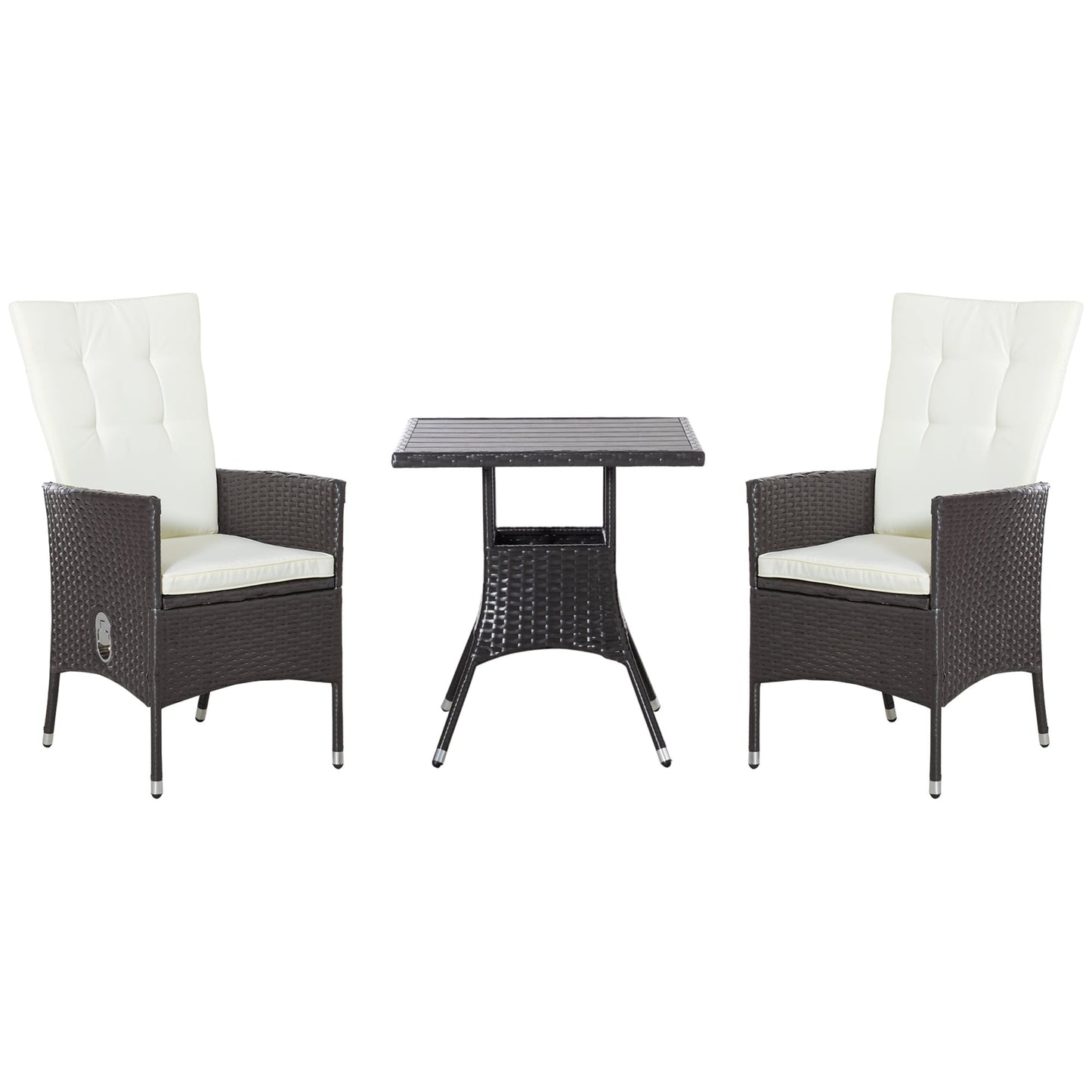 Outsunny 3 Pieces Patio PE Rattan Sofa Set, Outdoor Recliner Chairs Wood Grain plastic Top Coffee Table