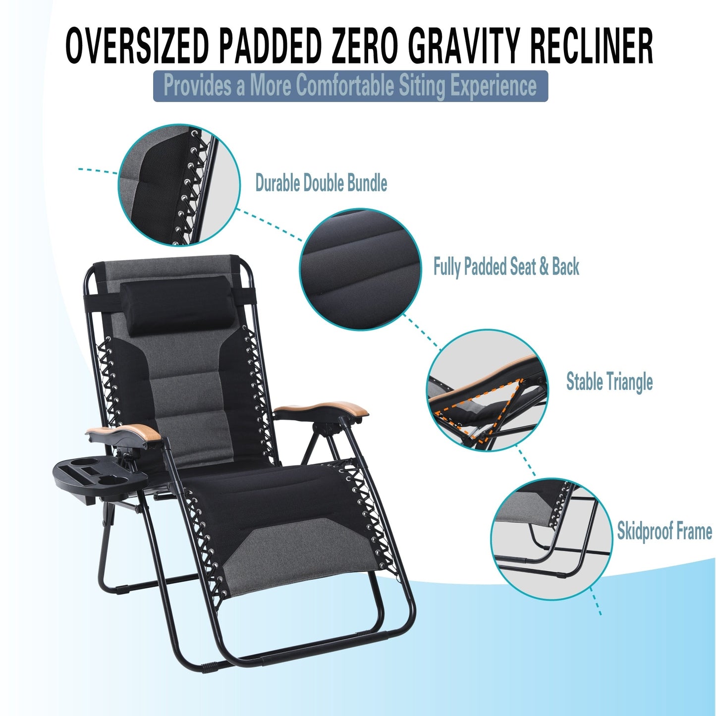 Fauteuil de salon surdimensionné XL rembourré à gravité zéro, accoudoirs larges, inclinable et réglable avec porte-gobelet - N/A