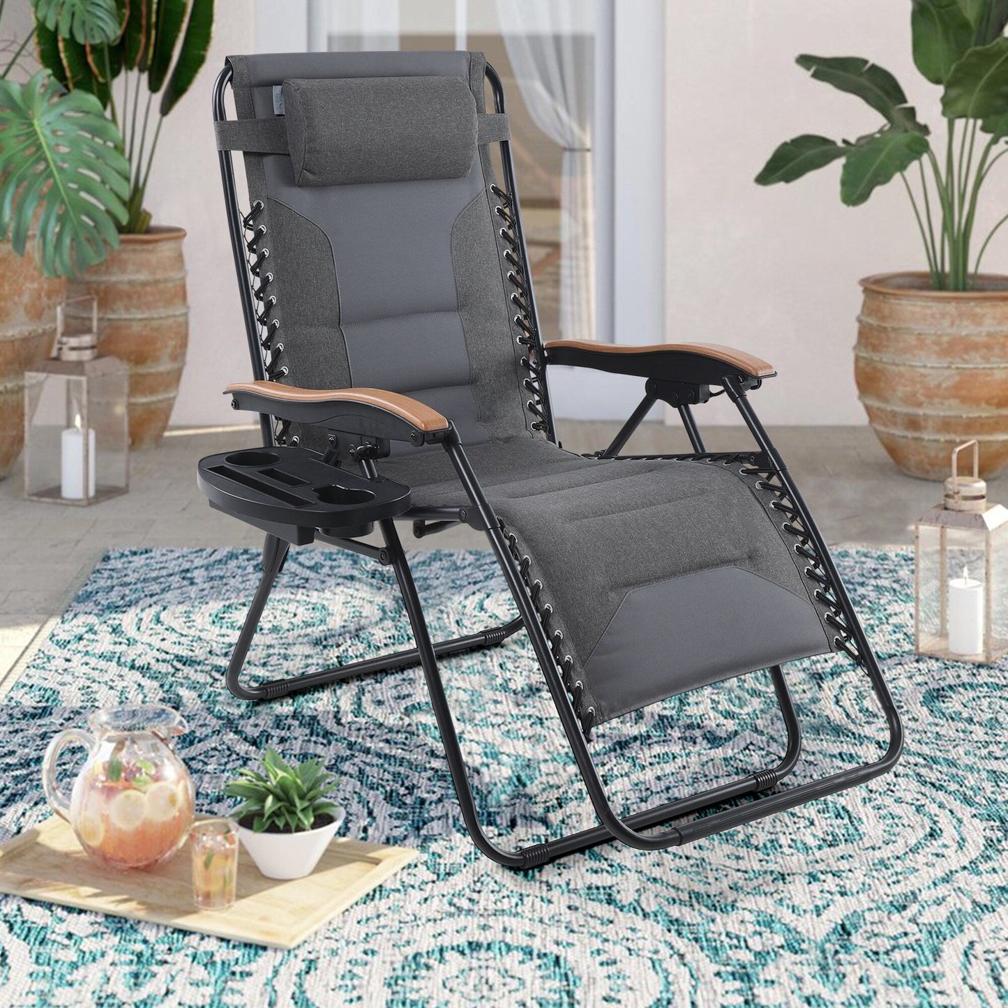 Fauteuil de salon surdimensionné XL rembourré à gravité zéro, accoudoirs larges, inclinable et réglable avec porte-gobelet - N/A