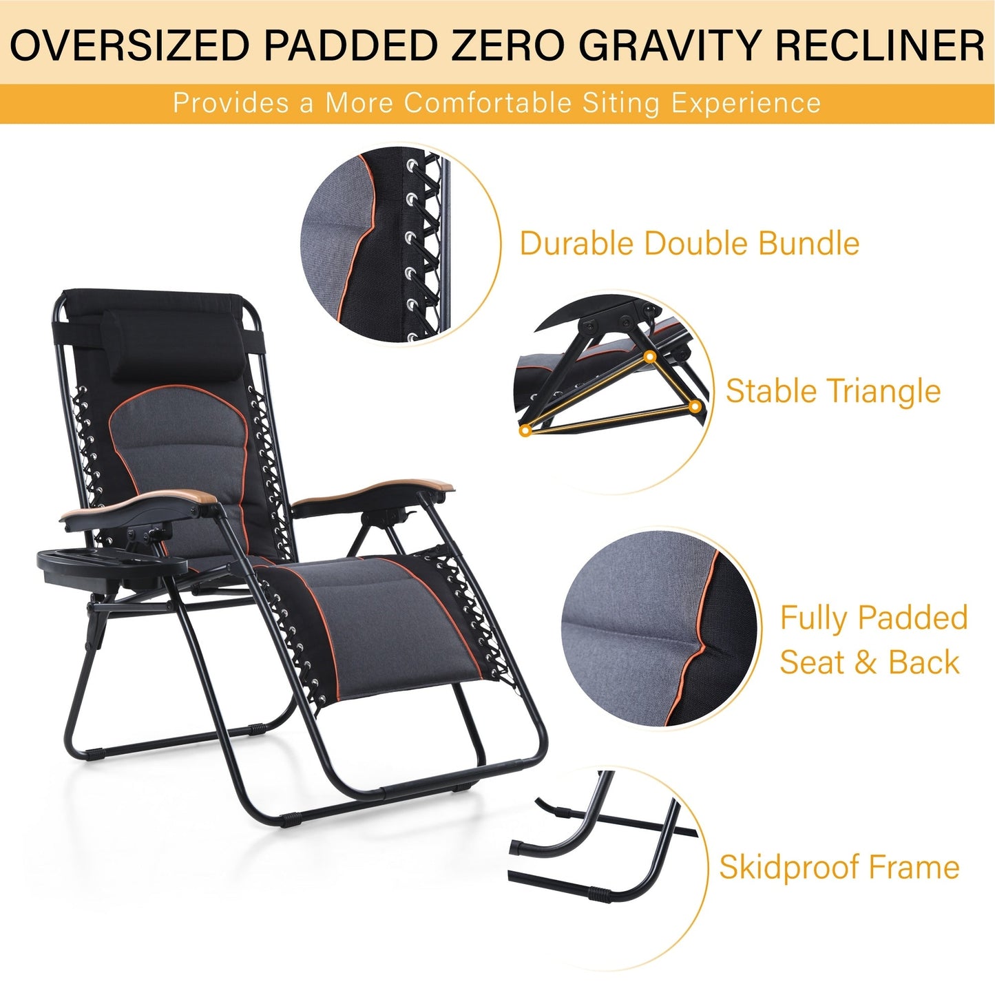 Fauteuil de salon surdimensionné XL rembourré à gravité zéro, accoudoirs larges, inclinable et réglable avec porte-gobelet - N/A