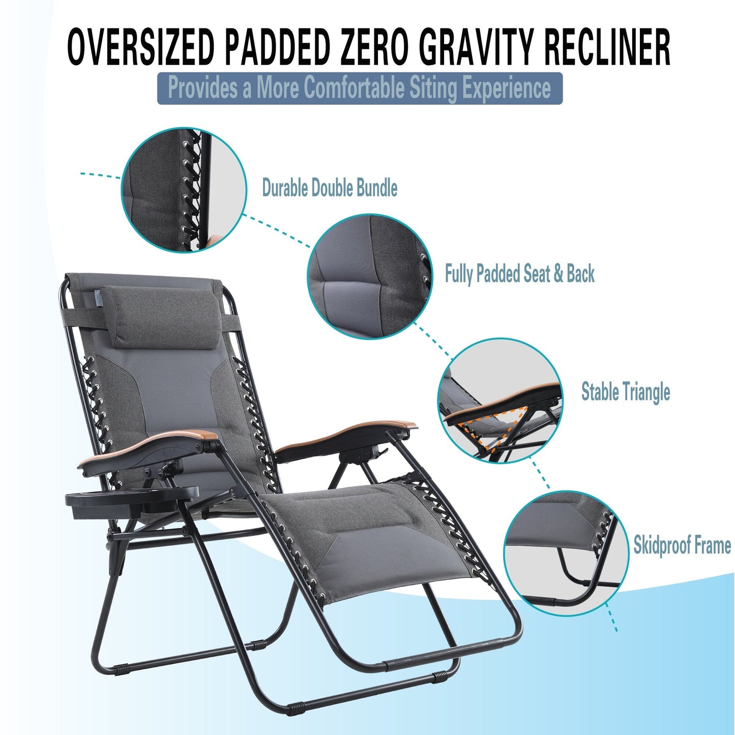 Fauteuil de salon surdimensionné XL rembourré à gravité zéro, accoudoirs larges, inclinable et réglable avec porte-gobelet - N/A