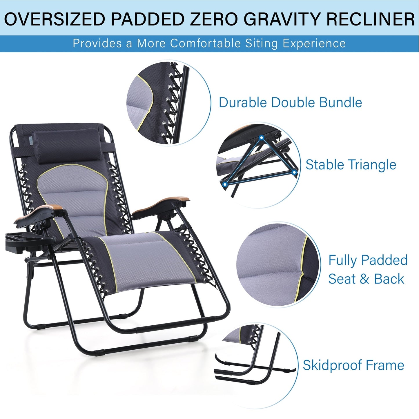 Fauteuil de salon surdimensionné XL rembourré à gravité zéro, accoudoirs larges, inclinable et réglable avec porte-gobelet - N/A