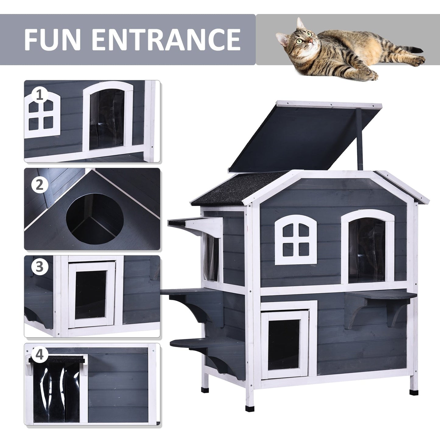 Maison pour chat d'extérieur PawHut en bois de sapin à deux étages, abri pour chats sauvages en bois avec toit en asphalte ouvrable pour intérieur/extérieur, blanc/gris