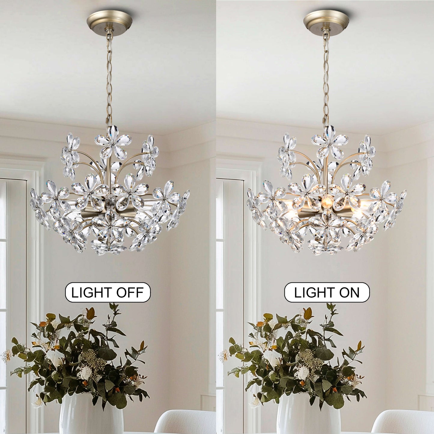 Lustre Rosa à 6 lumières en cristal argenté brossé avec motif de fleurs champagne