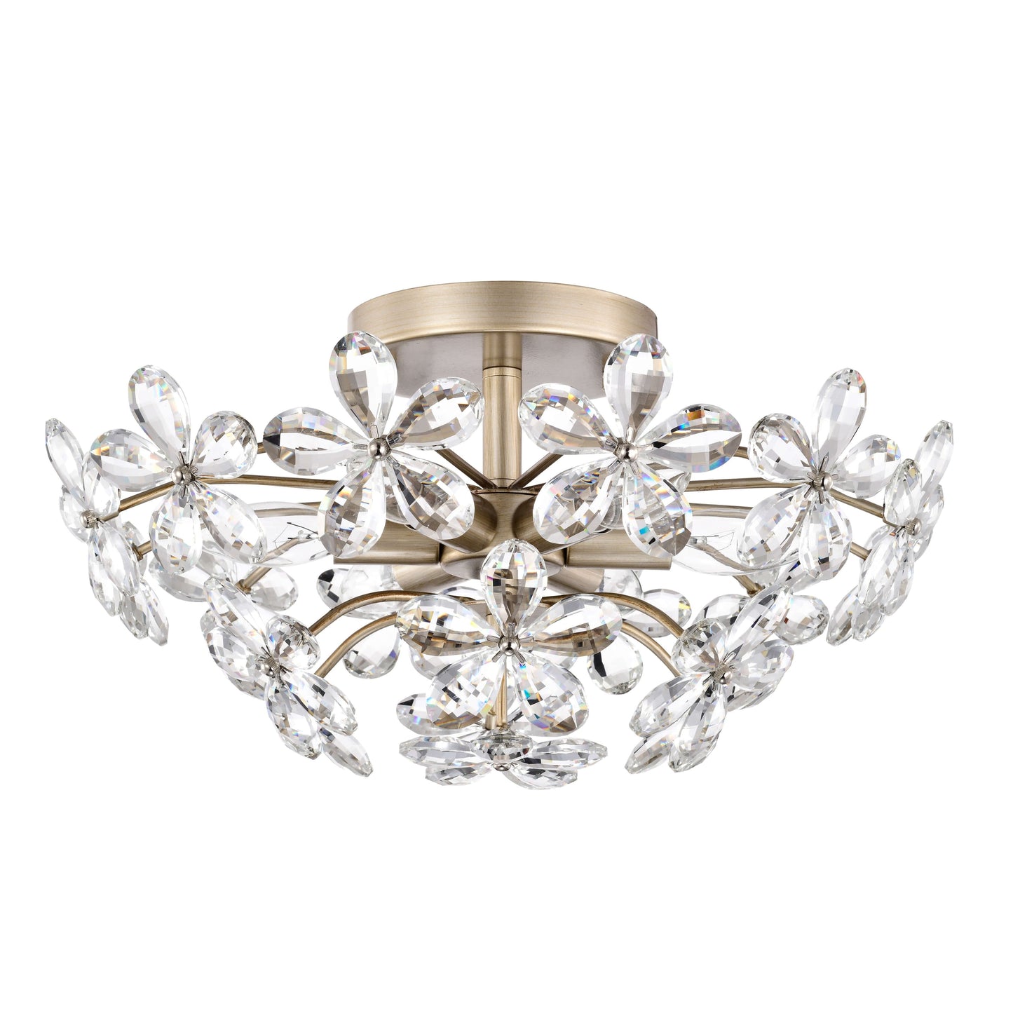 Plafonnier Rosa à 6 lumières en cristal argenté brossé avec fleur de champagne - 17,7 pouces de diamètre x 8,7 pouces de hauteur