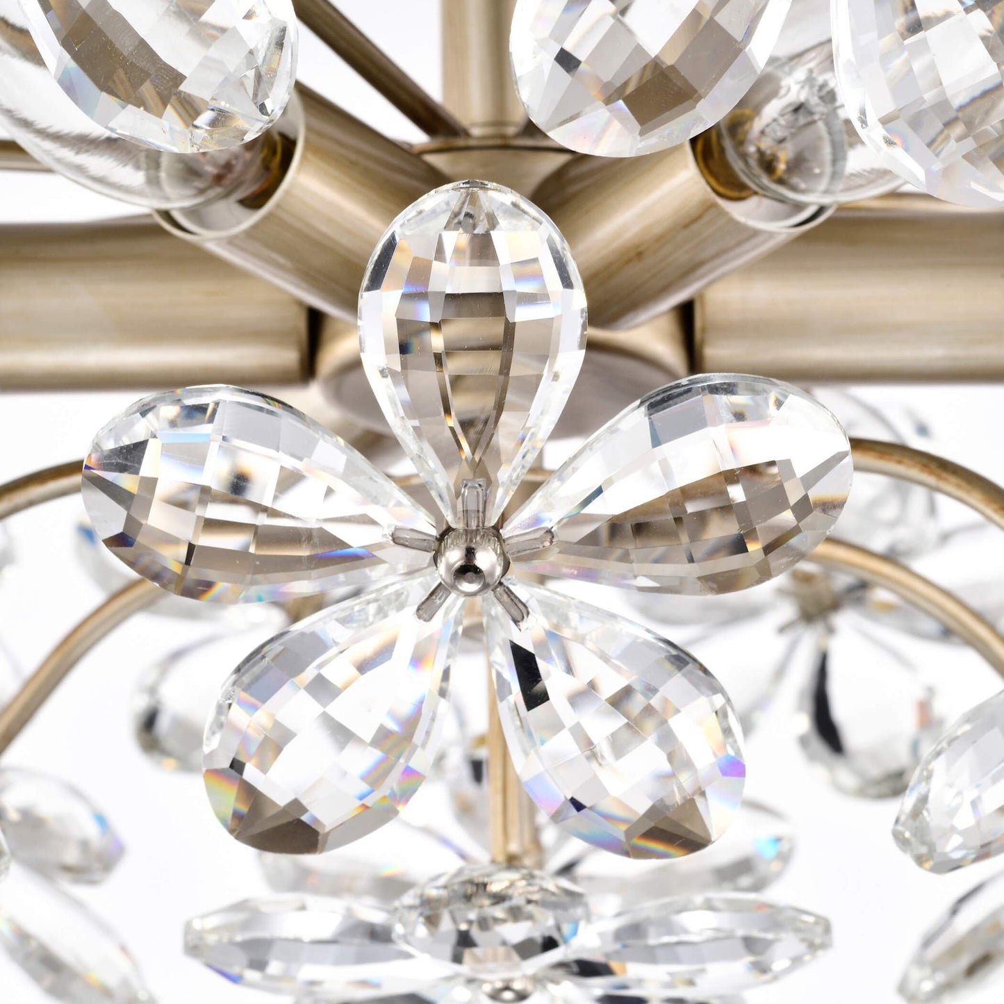 Plafonnier Rosa à 6 lumières en cristal argenté brossé avec fleur de champagne - 17,7 pouces de diamètre x 8,7 pouces de hauteur