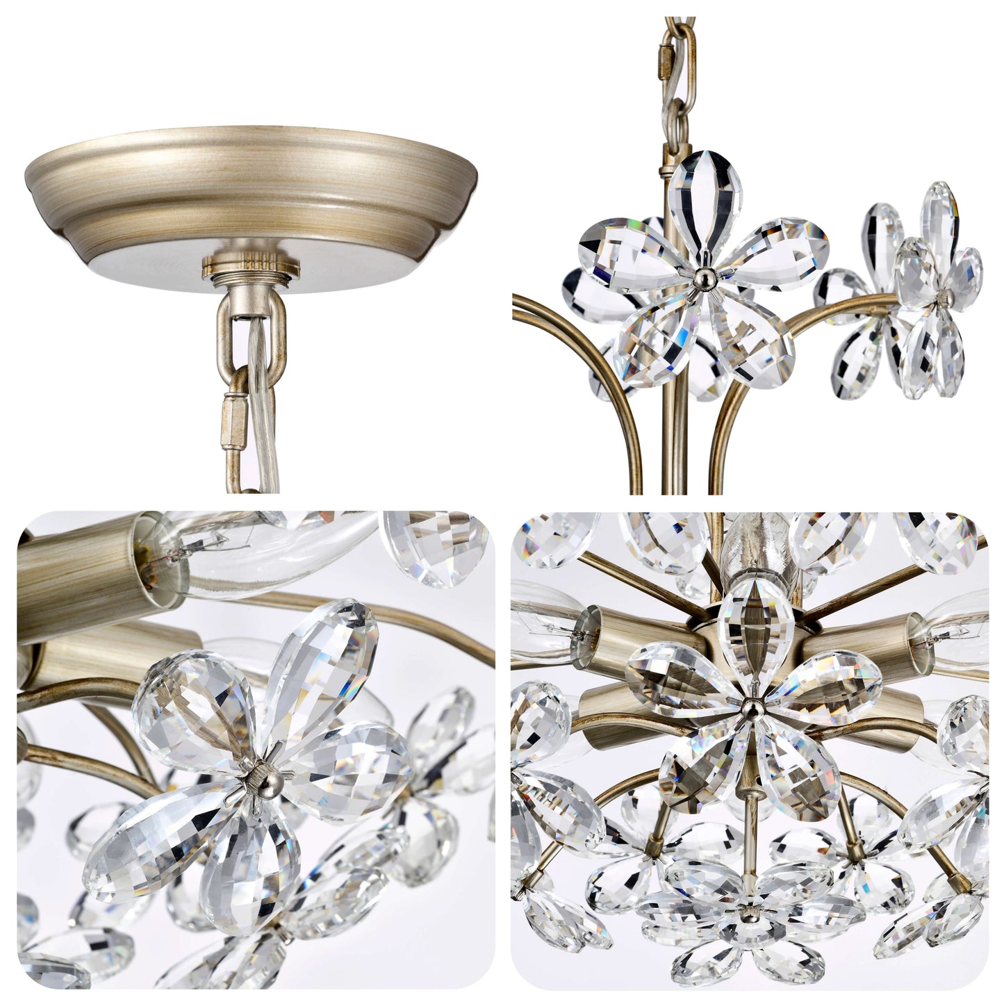 Lustre Rosa à 6 lumières en cristal argenté brossé avec motif de fleurs champagne