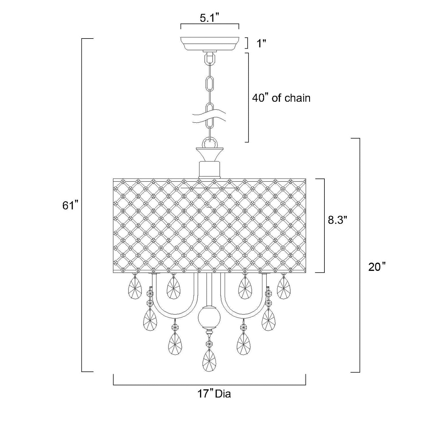 Lustre tambour à perles rondes avec cristaux suspendus