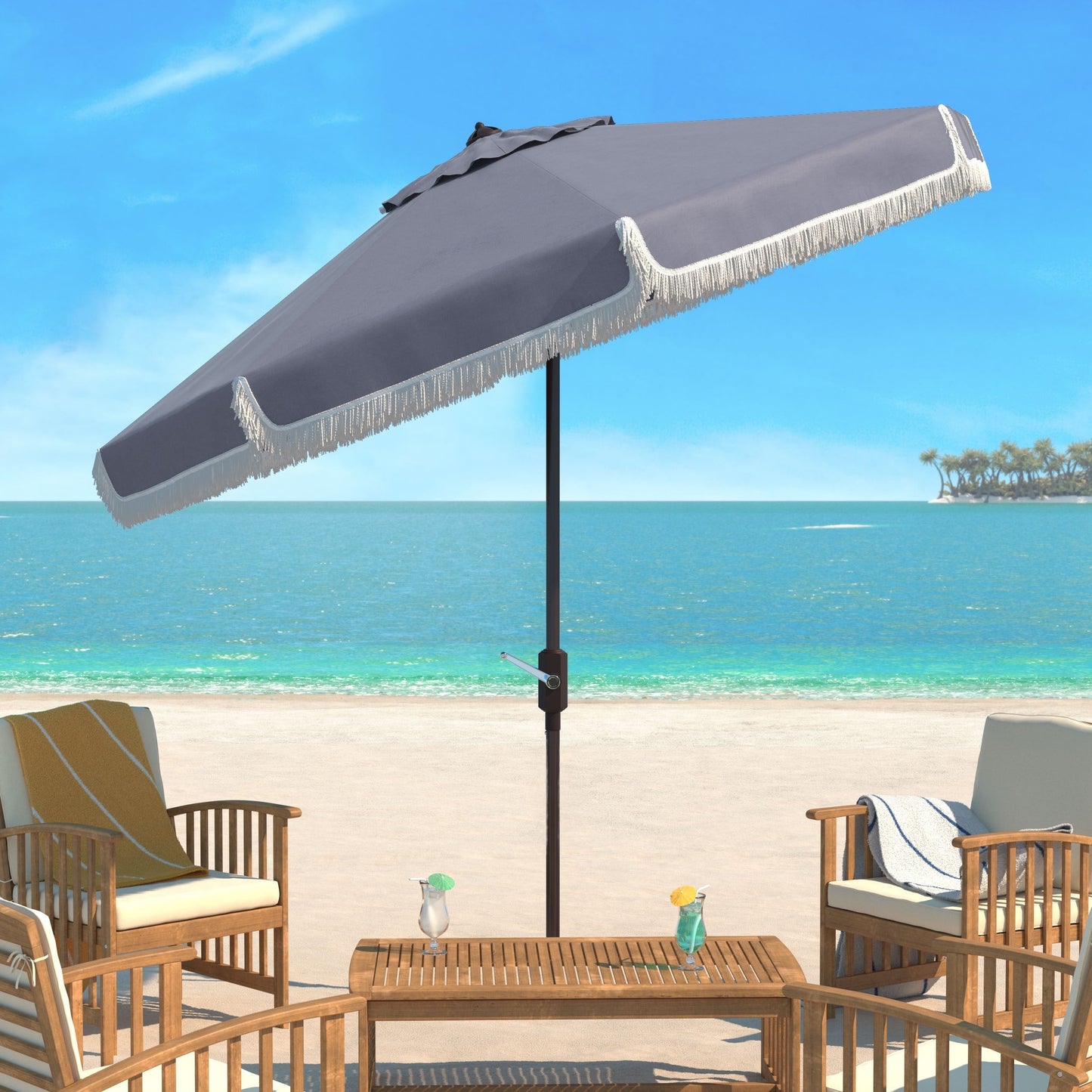 Parasol d'extérieur à manivelle SAFAVIEH Ronette Fringe de 9 pieds
