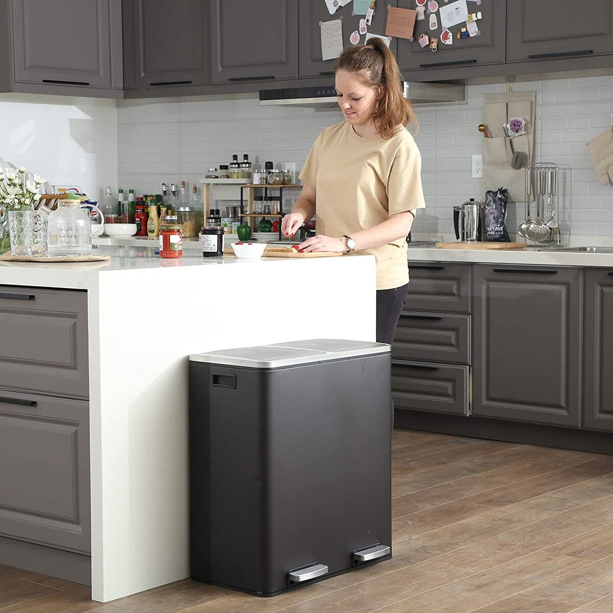 Poubelle double SONGMICS, 16 gallons, en acier inoxydable, noire