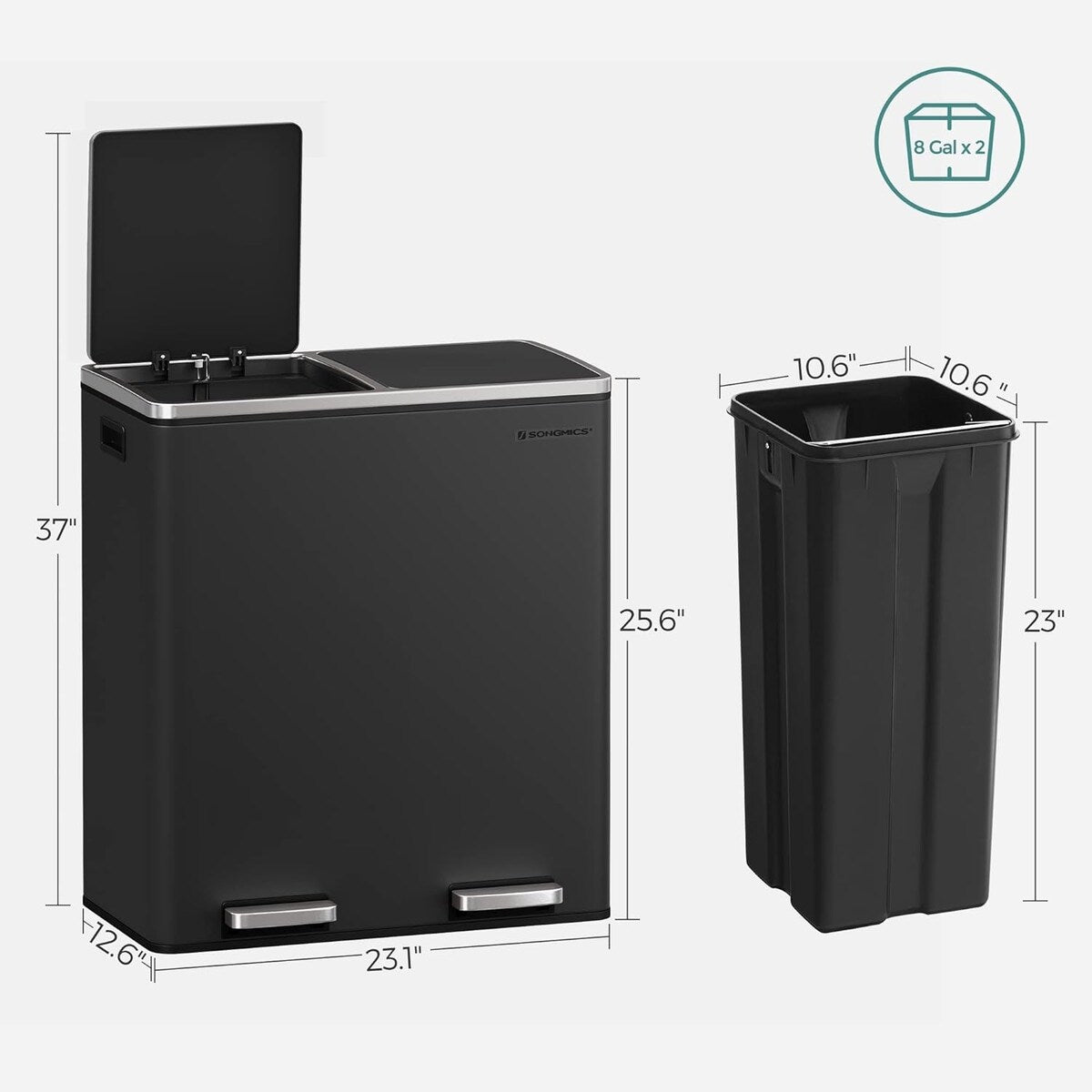 Poubelle double SONGMICS, 16 gallons, en acier inoxydable, noire