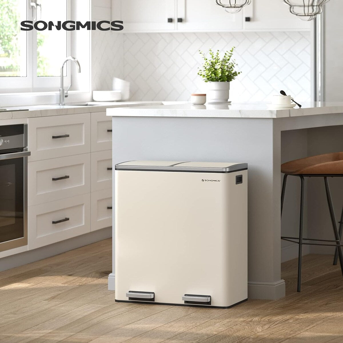 Poubelle double SONGMICS, 16 gallons, en acier inoxydable, couleur amande