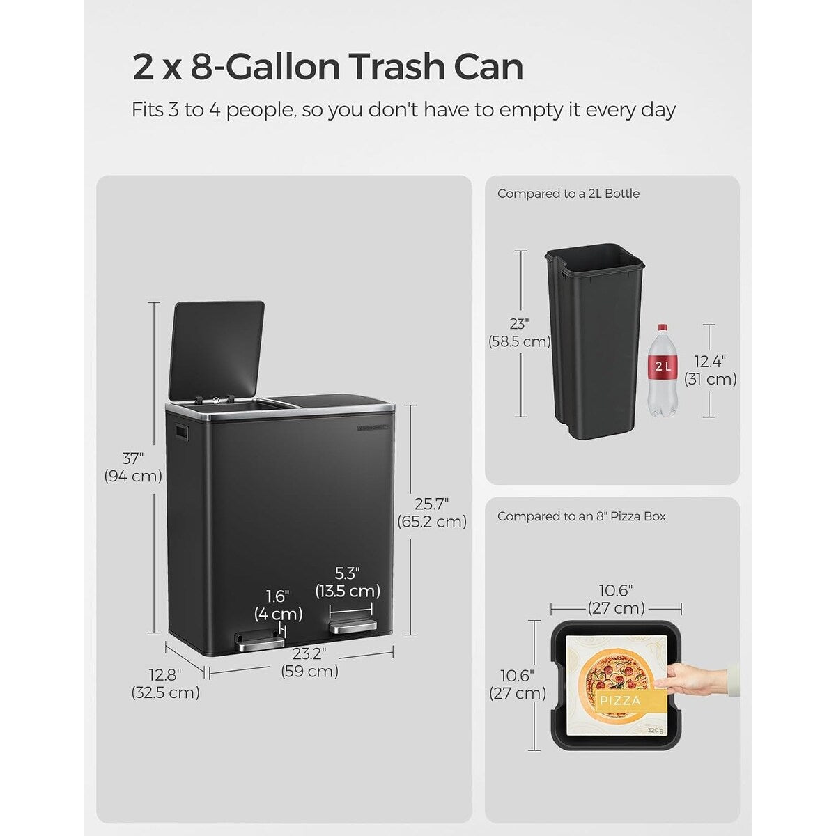 Poubelle double SONGMICS, 16 gallons, en acier inoxydable, noire