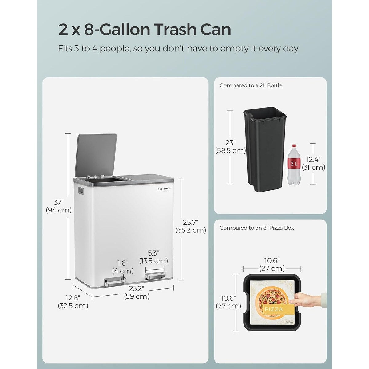 Poubelle double SONGMICS, 2 x 8 gallons, acier inoxydable
