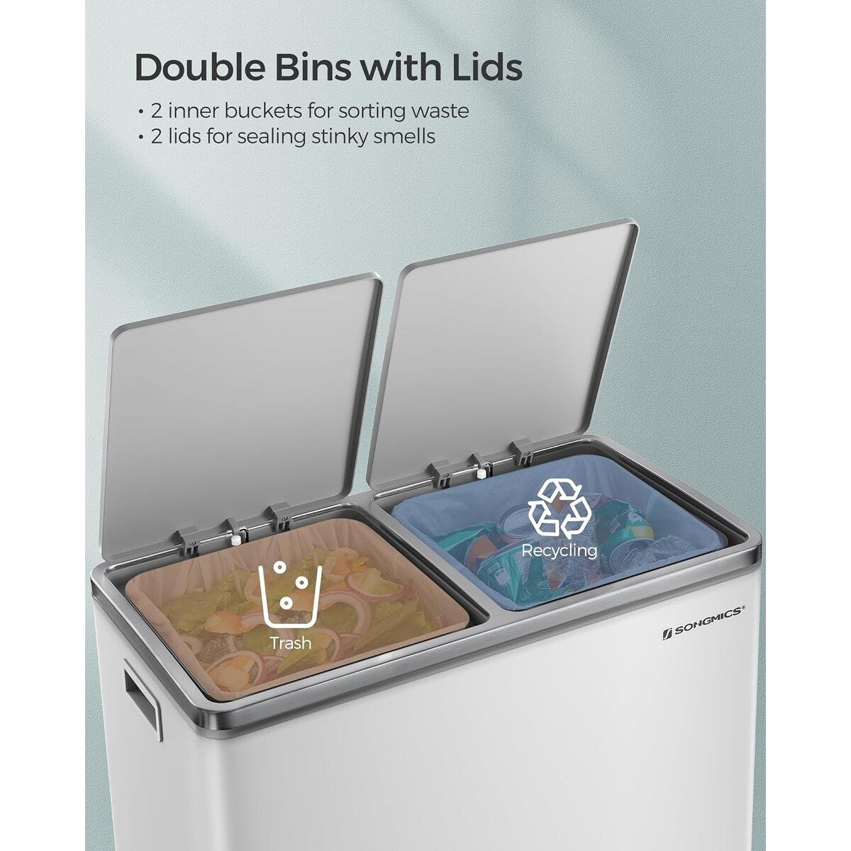 Poubelle double SONGMICS, 2 x 8 gallons, acier inoxydable
