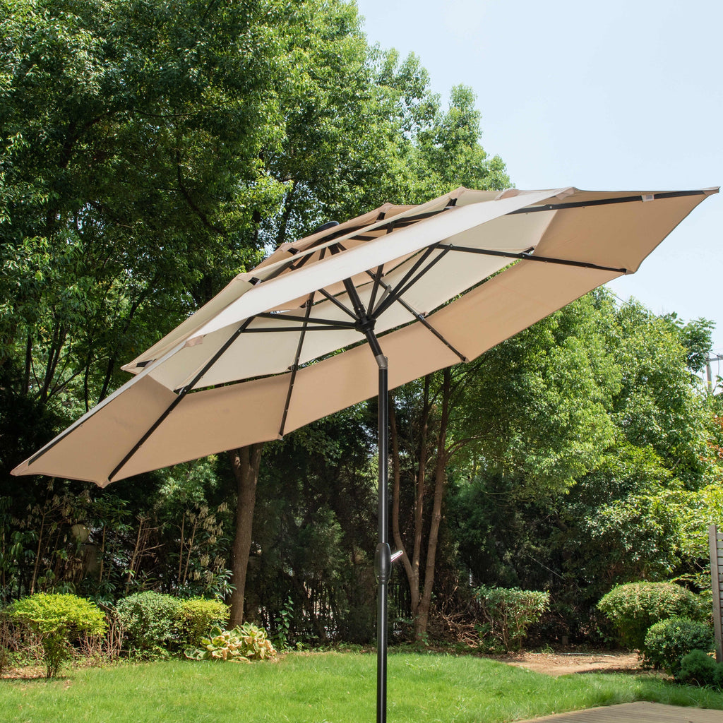 MAISON ARTS 10ft 3 Tier Auto-tilt Patio Umbrella Outdoor Double Vented Umbrella with LED Lights